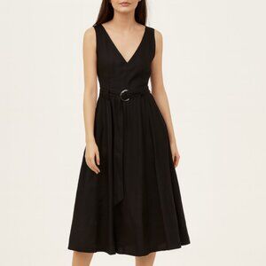 Theory Black Linen Blend Dress - Belted Sleeveless Midi with Side Zip, Women 4